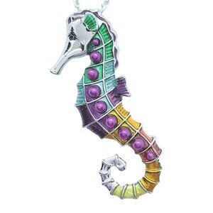 Seahorse Pendant Necklace Multicolored Rhinestone Silver Toned Chain